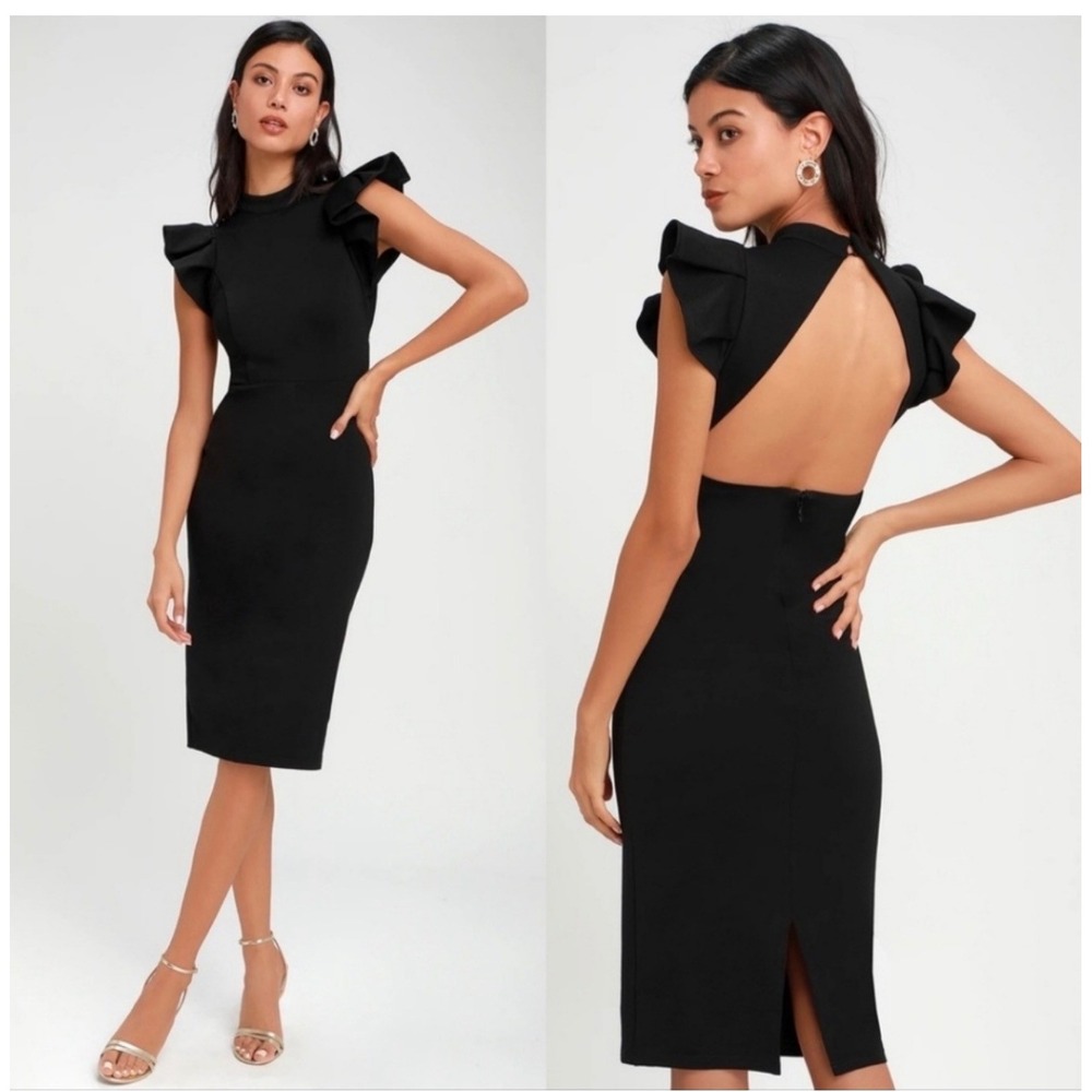 Lulus Black‎ Ruffle Sleeve Open Back Bodycon Mini Dress Womens Size M Mock Neck